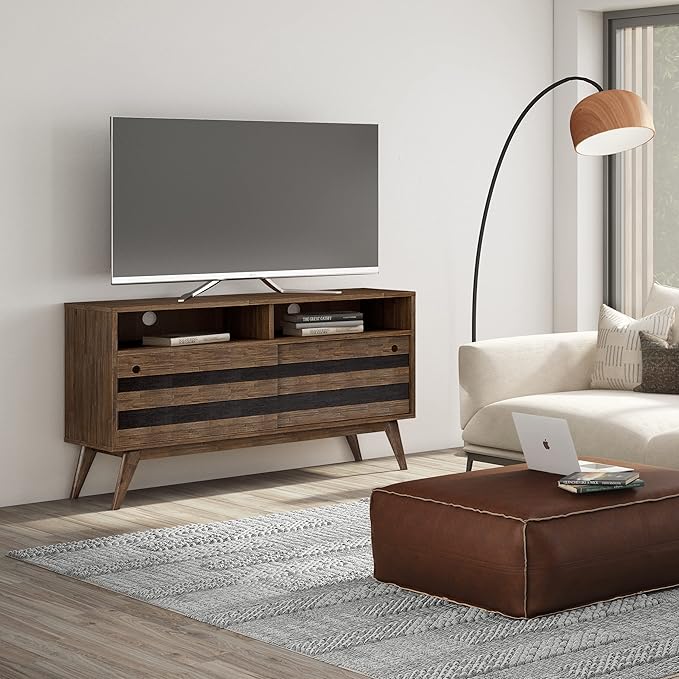 SIMPLIHOME Clarkson SOLID ACACIA WOOD 54 Inch Wide Mid Century Design TV Media Stand in Rustic Natural Aged Brown for TVs up to 60 Inches, For the Living Room and Entertainment Center - LeafyLoom