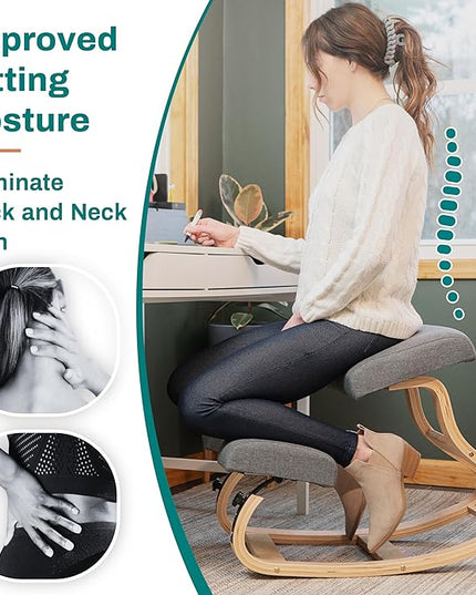 Ergonomic Kneeling Chair - A Rocking Ergo Knee Chair and Wooden Desk Chair designed for Home Office Study and Posture Chair Support, Comfortable to Reduce Neck and Back Pressure - Grey - LeafyLoom
