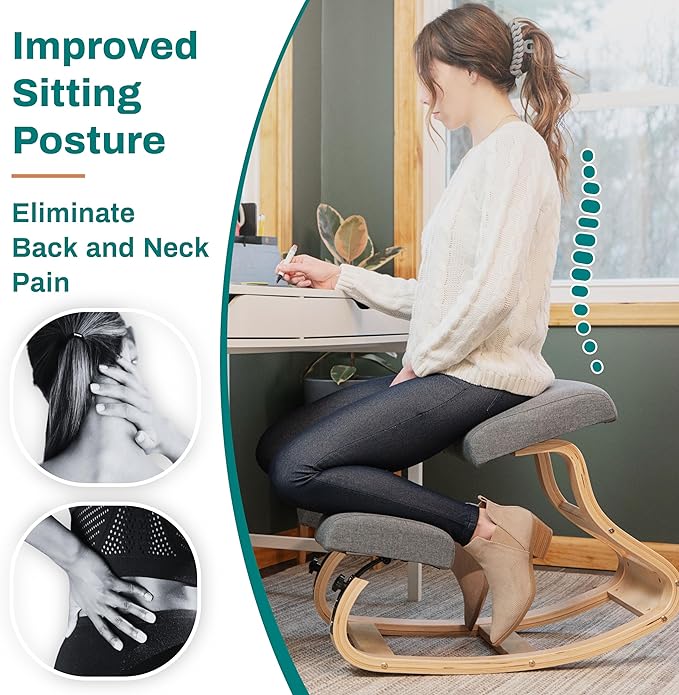 Ergonomic Kneeling Chair - A Rocking Ergo Knee Chair and Wooden Desk Chair designed for Home Office Study and Posture Chair Support, Comfortable to Reduce Neck and Back Pressure - Grey - LeafyLoom