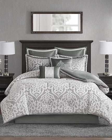Madison Park Odette Cozy Comforter Set Jacquard Damask Medallion Design - Modern All Season, Down Alternative Bedding, Shams, Decorative Pillows, King(104 in x 92 in), Silver 8 Piece - LeafyLoom