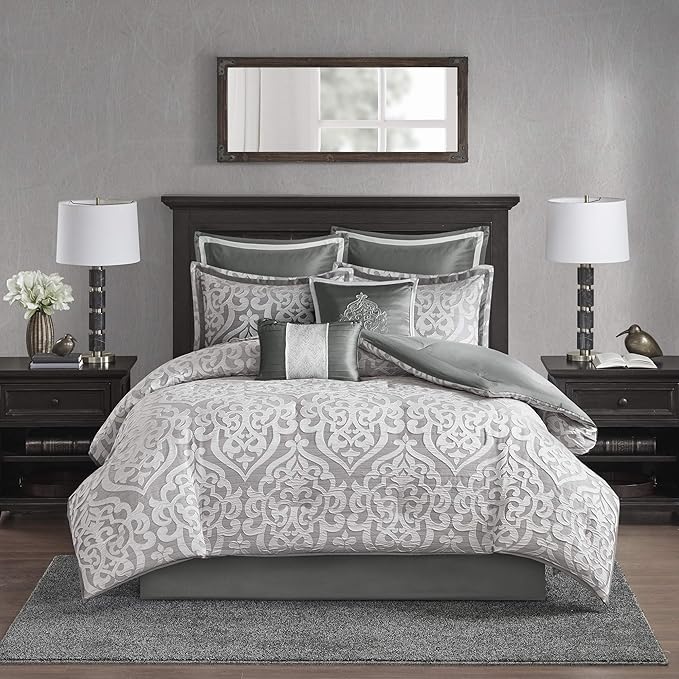 Madison Park Odette Cozy Comforter Set Jacquard Damask Medallion Design - Modern All Season, Down Alternative Bedding, Shams, Decorative Pillows, King(104 in x 92 in), Silver 8 Piece - LeafyLoom