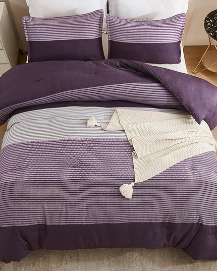 Litanika Purple Queen Comforter Set, 3 Pieces Striped Bedding Set, Lightweight Soft All Season Down Alternative Comforter Set (1 Gray&Purple Comforter, 2 Pillowcases) - LeafyLoom