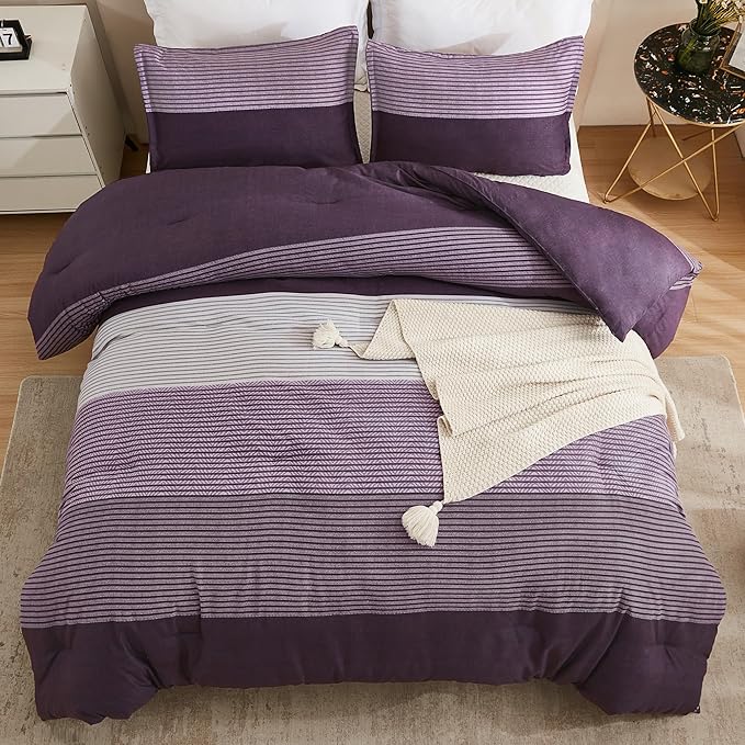 Litanika Purple Queen Comforter Set, 3 Pieces Striped Bedding Set, Lightweight Soft All Season Down Alternative Comforter Set (1 Gray&Purple Comforter, 2 Pillowcases) - LeafyLoom