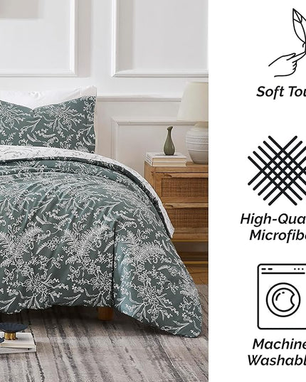 Southshore Fine Living, Inc. Full/Queen Comforter Set, Down Alternative Floral Comforter with Matching Shams, Reversible Print is 2 Colors in 1, Fits Queen & Full Beds, Winter Brush Green/White - LeafyLoom