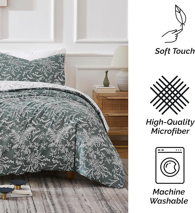 Southshore Fine Living, Inc. Full/Queen Comforter Set, Down Alternative Floral Comforter with Matching Shams, Reversible Print is 2 Colors in 1, Fits Queen & Full Beds, Winter Brush Green/White - LeafyLoom