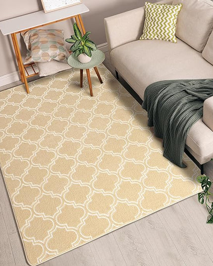 Chicrug Shag Geometric Modern Area Rug for Living Room, 3x5 Feet Large Memory Foam Indoor Carpet, Fluffy Rug for Bedroom Bedside Room Decor for Family Girls Kids Nursery, Beige/White - LeafyLoom