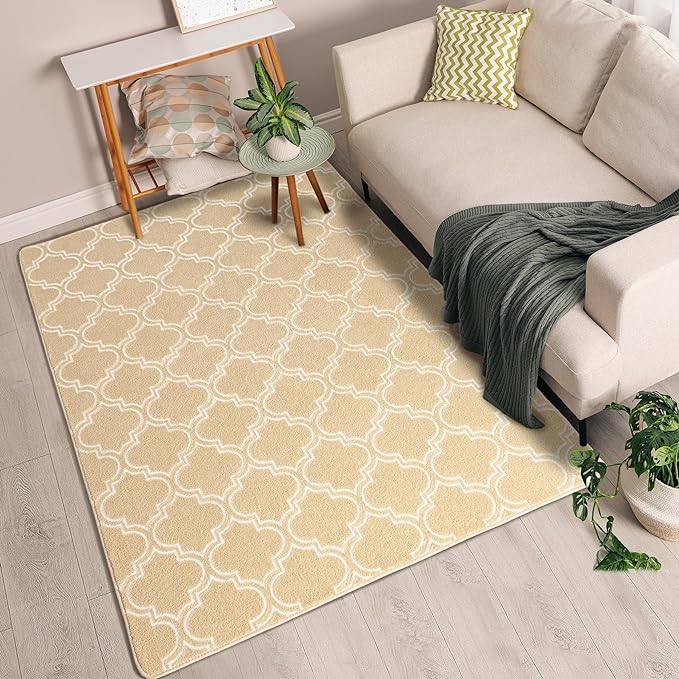 Chicrug Shag Geometric Modern Area Rug for Living Room, 3x5 Feet Large Memory Foam Indoor Carpet, Fluffy Rug for Bedroom Bedside Room Decor for Family Girls Kids Nursery, Beige/White - LeafyLoom
