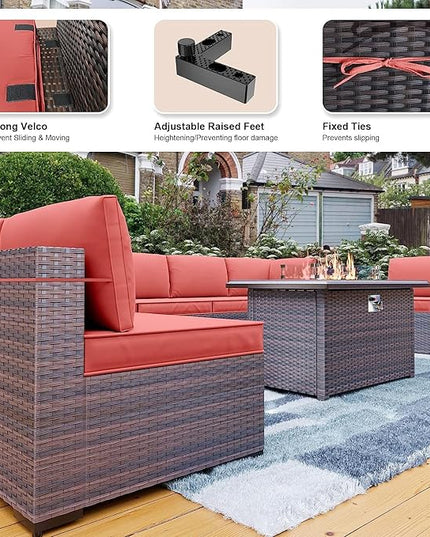 Kullavik 13 Pieces Outdoor Patio Furniture Set with 43" 55000BTU Gas Propane Fire Pit Table PE Wicker Rattan Sectional Sofa Patio Conversation Sets,Red - LeafyLoom