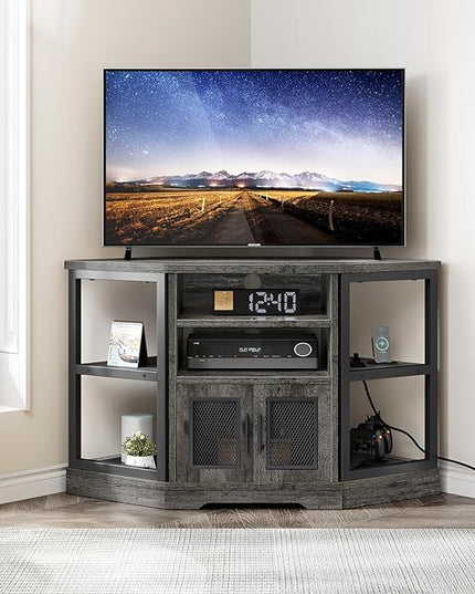 YITAHOME Corner TV Stand for TVs up to 55 Inch with Power Outlet, Modern Farmhouse Entertainment Center, Wood TV Media Console with Storage Cabinets Shelves for Living Room Bedroom, Gray Oak - LeafyLoom