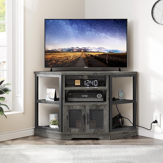 YITAHOME Corner TV Stand for TVs up to 55 Inch with Power Outlet, Modern Farmhouse Entertainment Center, Wood TV Media Console with Storage Cabinets Shelves for Living Room Bedroom, Gray Oak - LeafyLoom