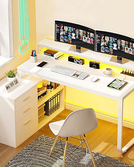 YITAHOME L Shaped Desk with Drawers, 55" Corner Computer Desk with Power Outlets, L-Shaped Desk with LED Lights & File Cabinet for Home Office, White - LeafyLoom