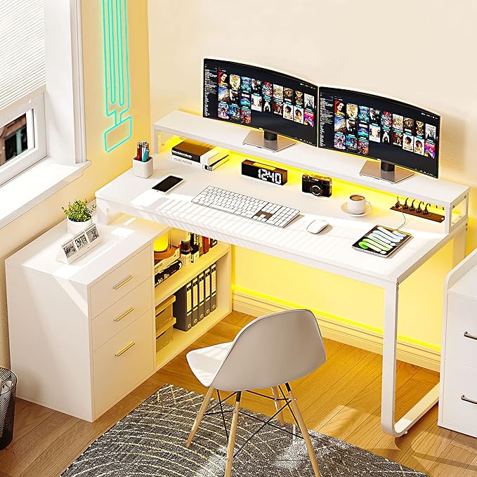 YITAHOME L Shaped Desk with Drawers, 55" Corner Computer Desk with Power Outlets, L-Shaped Desk with LED Lights & File Cabinet for Home Office, White - LeafyLoom