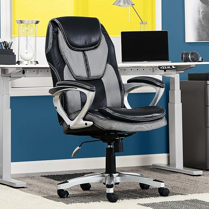 Serta Executive Office Padded Arms, Adjustable Ergonomic Gaming Desk Chair with Lumbar Support, Faux Leather and Mesh, Gray/Black - LeafyLoom