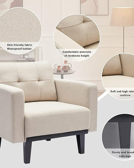 Mid-Century Modern Cream Accent Chair Set of 2, Oversized Upholstered Single Sofa Chair with Wood Base and Wood Legs, Comfy Living Room Armchairs for Apartment Bedroom Office Study, Ivory/Beige - LeafyLoom
