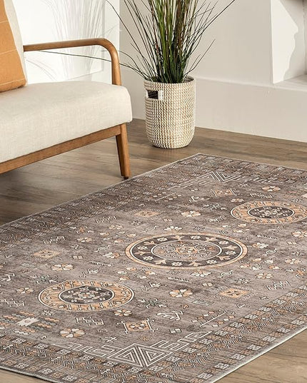 nuLOOM Tama Circle Medallion Machine Washable Ultra Thin Area Rug, 8' x 10', Brown - LeafyLoom