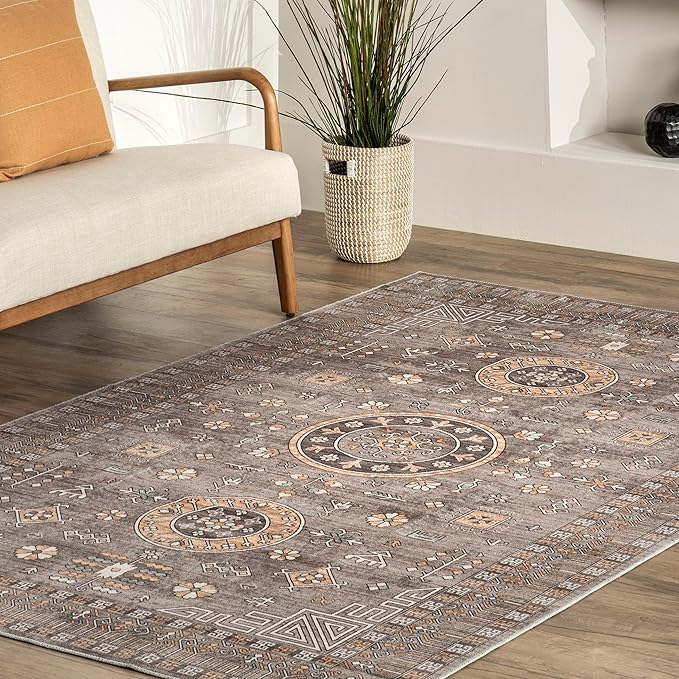 nuLOOM Tama Circle Medallion Machine Washable Ultra Thin Area Rug, 8' x 10', Brown - LeafyLoom