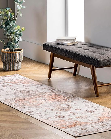 nuLOOM 2x10 Machine Washable Rain Haven Vintage Medallion Area Rug, Beige, Traditional Faded Design, Non-Slip Backing, Stain Resistant, For Bedroom, Dining Room, Living Room, Kitchen - LeafyLoom