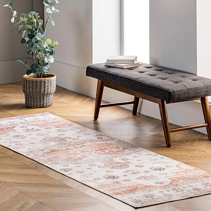 nuLOOM 2x10 Machine Washable Rain Haven Vintage Medallion Area Rug, Beige, Traditional Faded Design, Non-Slip Backing, Stain Resistant, For Bedroom, Dining Room, Living Room, Kitchen - LeafyLoom