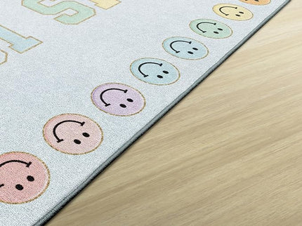 Flagship Carpets Schoolgirl Style This is Our Happy Place on Blue Educational Area Rug for Kids Room Seating Décor, Children's Classroom, Play Carpet for Teaching and Playroom, 5' x 7'6" - LeafyLoom