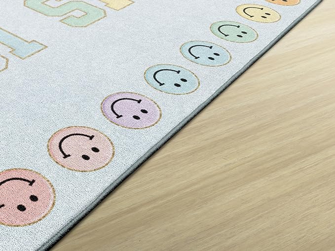 Flagship Carpets Schoolgirl Style This is Our Happy Place on Blue Educational Area Rug for Kids Room Seating Décor, Children's Classroom, Play Carpet for Teaching and Playroom, 5' x 7'6" - LeafyLoom