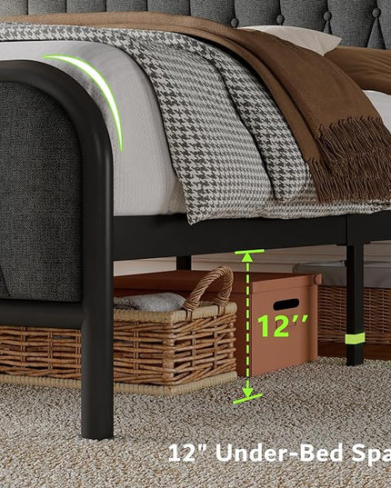 Feonase Queen Bed Frame with Type-C & USB Port, Metal Platform Beds, with Linen Upholstered Headboard & Footboard, 12" Underbed Storage Space, Easy Assembly, Noise-Free, Dark Gray - LeafyLoom