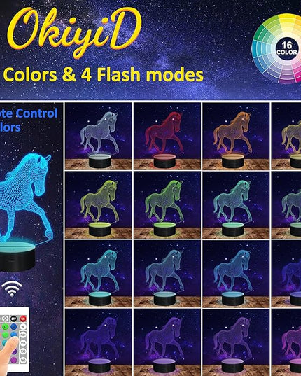 Horse Gifts for Girl, 3D Illusion Lamp, 3D Horse Night Light with 16 Colors, Remote and Touch Control, Horses Decor for Kids Room, Girls Birthday Gifts - LeafyLoom