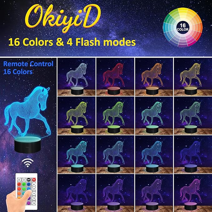 Horse Gifts for Girl, 3D Illusion Lamp, 3D Horse Night Light with 16 Colors, Remote and Touch Control, Horses Decor for Kids Room, Girls Birthday Gifts - LeafyLoom