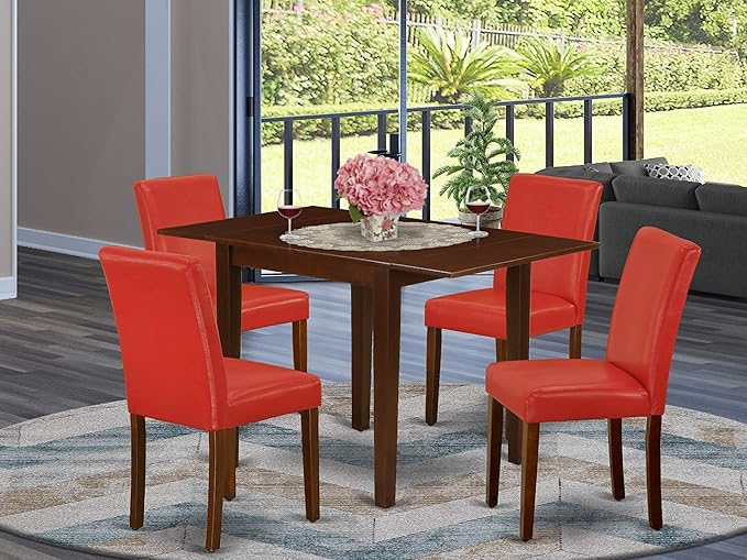 East West Furniture 1NDAB5-MAH-72 5 Piece Dining Set includes a Rectangle Kitchen Table with Dropleaf and 4 Firebrick Red Faux Leather Upholstered Chairs, 30x48 Inch - LeafyLoom