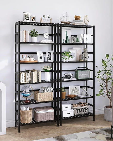 Bamboo Bookshelf, 6-Tier Tall Open Bookcase with Adjustable Shelves, Floor Standing Storage Shelf Unit for Living Room Bathroom Home Office, Black - LeafyLoom