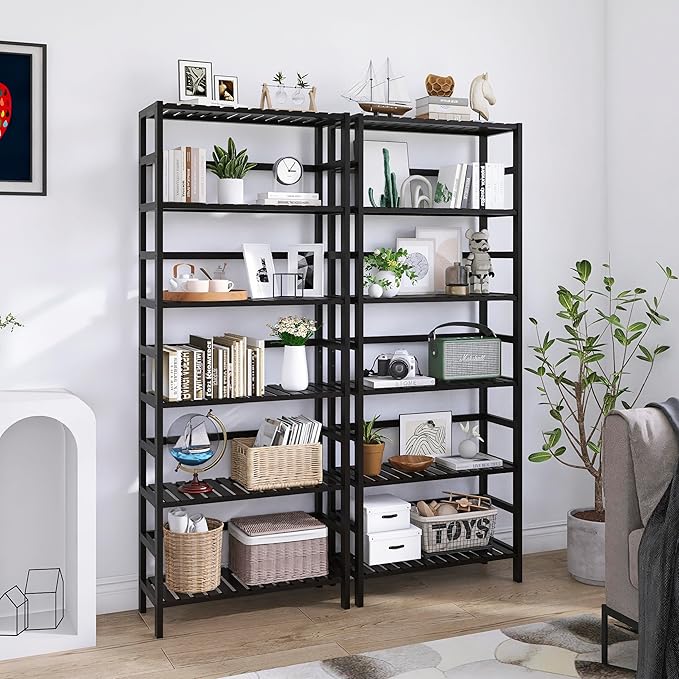 Bamboo Bookshelf, 6-Tier Tall Open Bookcase with Adjustable Shelves, Floor Standing Storage Shelf Unit for Living Room Bathroom Home Office, Black - LeafyLoom