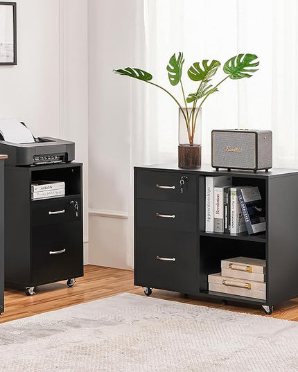 Yaheetech Black File Cabinet with Lock for Letter, A4 Size,3 Drawer Lateral Filing Cabinet Printer Stand with Open Storage Compartments,Mobile Filing Cabinet for Home Office, Black - LeafyLoom