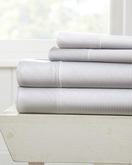 Linen Market 4 Piece King Bedding Sheet Set (Light Gray Pinstriped) - Sleep Better Than Ever with These Ultra-Soft & Cooling Bed Sheets for Your King Size Bed - Deep Pocket Fits 16" Mattress - LeafyLoom