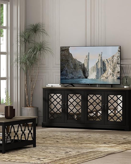 Galano Millicent TV Stand for up to 75 Inch TV, Farmhouse Entertainment Center with Mirror Doors & Storage Shelves, Rustic Media Console Cabinet for Living Room, Black Knotty Grey Oak - LeafyLoom