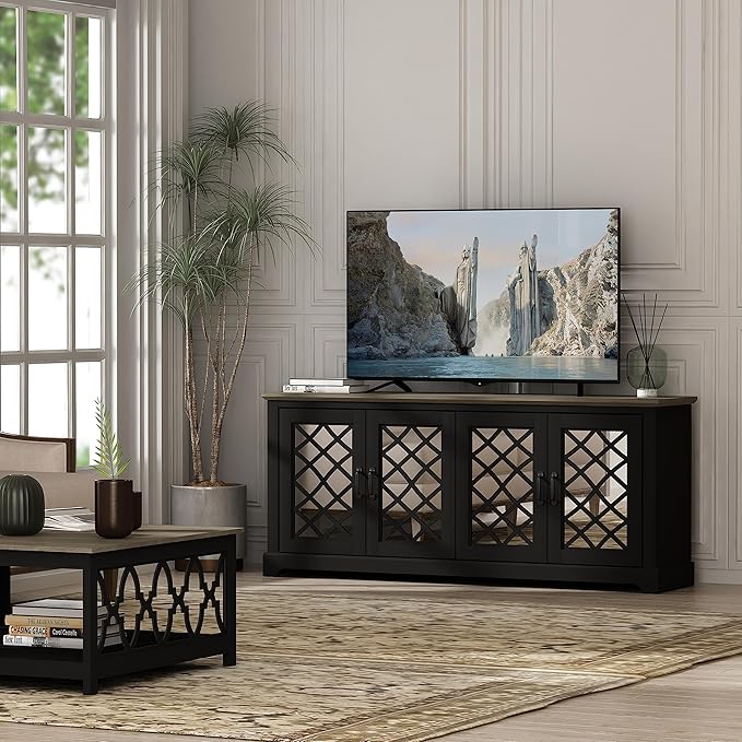 Galano Millicent TV Stand for up to 75 Inch TV, Farmhouse Entertainment Center with Mirror Doors & Storage Shelves, Rustic Media Console Cabinet for Living Room, Black Knotty Grey Oak - LeafyLoom