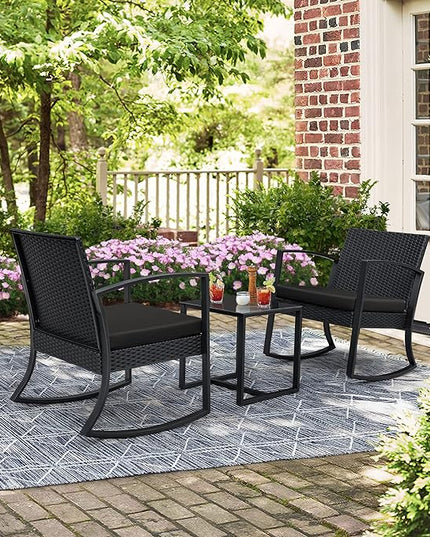 Greesum 3 Pieces Outdoor Furniture Set Patio Bistro Rocking Chairs with Glass Coffee Table for Pool Beach Backyard Balcony Porch Deck Garden, Black - LeafyLoom