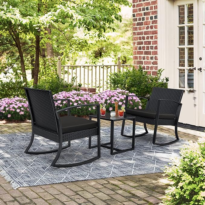 Greesum 3 Pieces Outdoor Furniture Set Patio Bistro Rocking Chairs with Glass Coffee Table for Pool Beach Backyard Balcony Porch Deck Garden, Black - LeafyLoom