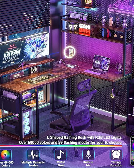 Small L Shaped Gaming Desk with Power Outlets, 48" Reversible L Shaped LED Computer Desk with Monitor Stand & Storage Shelf, Corner Gamer Desk Home Office Desk with Storage Bag, Rustic Brown - LeafyLoom
