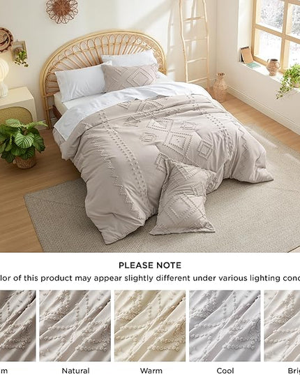 Bedsure Boho Comforter Set King - Linen Tufted Bedding Comforter Set, 3 Pieces Farmhouse Shabby Chic Embroidery Bedding Set, Soft Geometric Pattern Comforter for All Seasons - LeafyLoom
