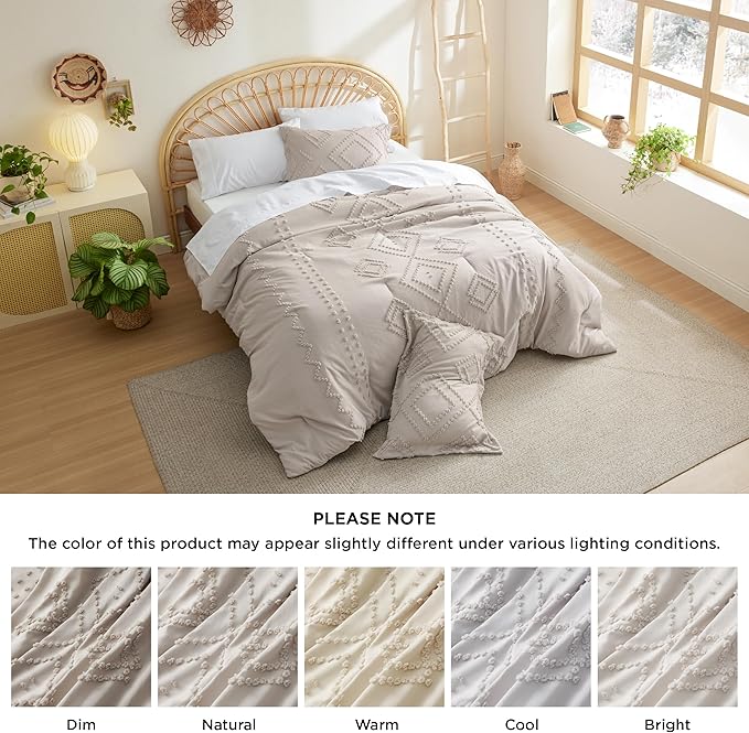 Bedsure Boho Comforter Set King - Linen Tufted Bedding Comforter Set, 3 Pieces Farmhouse Shabby Chic Embroidery Bedding Set, Soft Geometric Pattern Comforter for All Seasons - LeafyLoom