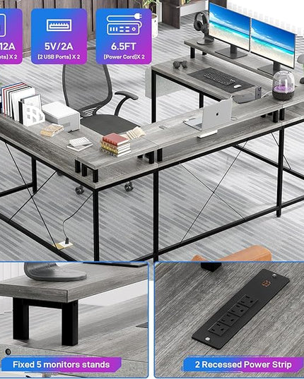 U Shaped Computer Gaming Desk, Reversible L Shaped Desk with Power Outlets, LED Strip & Monitor Stand, Large Corner Desk with Storage Shelves for Home Office, Grey Oak - LeafyLoom