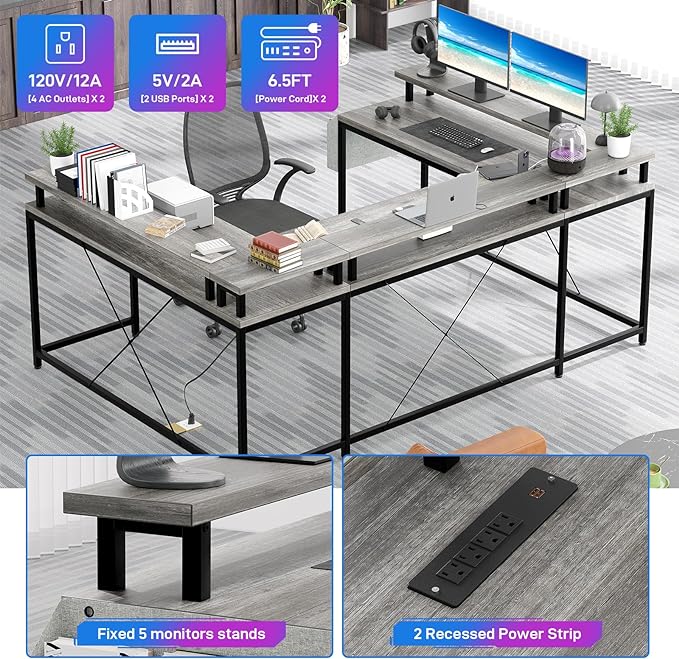 U Shaped Computer Gaming Desk, Reversible L Shaped Desk with Power Outlets, LED Strip & Monitor Stand, Large Corner Desk with Storage Shelves for Home Office, Grey Oak - LeafyLoom