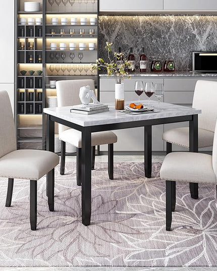 5 Piece Industrial Dinette Sets Wooden Kitchen Dining Table and 6 Matching Upholstered Chairs, for Diningroom Living Room, Easy to Assemble, White - LeafyLoom