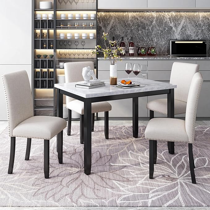 5 Piece Industrial Dinette Sets Wooden Kitchen Dining Table and 6 Matching Upholstered Chairs, for Diningroom Living Room, Easy to Assemble, White - LeafyLoom