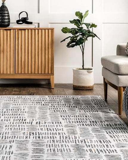 nuLOOM Mitzi Abstract Lines Machine Washable Ultra Thin Area Rug, 5' x 8', Light Grey - LeafyLoom