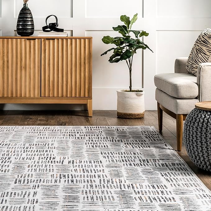 nuLOOM Mitzi Abstract Lines Machine Washable Ultra Thin Area Rug, 5' x 8', Light Grey - LeafyLoom