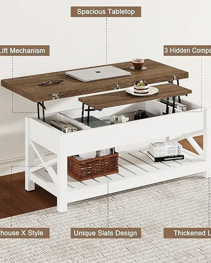 ChooChoo Farmhouse Lift Top Coffee Table, Multi-Function Convertible Coffee Table with Storage and Hidden Compartment, Coffee Table Converts to Dining Table for Living Room, 40 White & Brown - LeafyLoom
