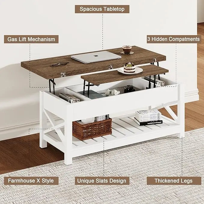 ChooChoo Farmhouse Lift Top Coffee Table, Multi-Function Convertible Coffee Table with Storage and Hidden Compartment, Coffee Table Converts to Dining Table for Living Room, 40 White & Brown - LeafyLoom