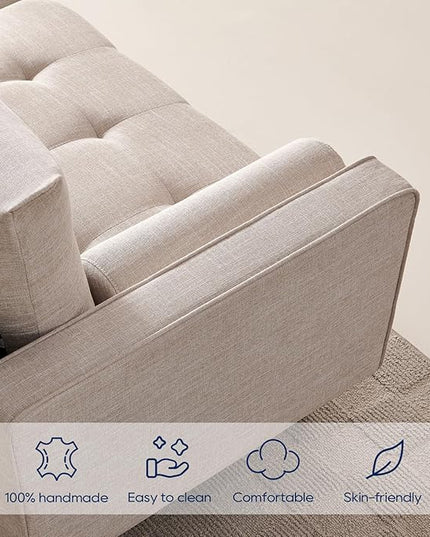 Vonanda Fabric Sofa Couch, Mid-Century 73 Inch 3 Seater Linen Couch with Hand-Stitched Comfort Cushion and Bolster Pillows for Living Room,Elegant Beige - LeafyLoom