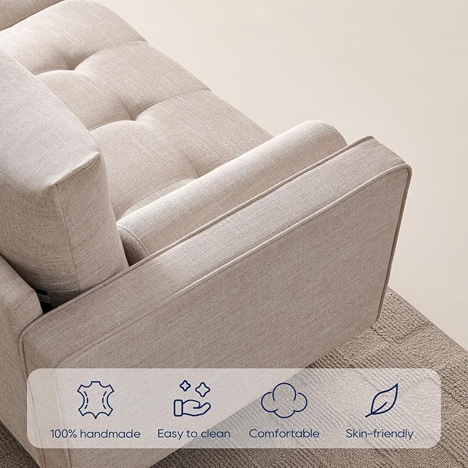 Vonanda Fabric Sofa Couch, Mid-Century 73 Inch 3 Seater Linen Couch with Hand-Stitched Comfort Cushion and Bolster Pillows for Living Room,Elegant Beige - LeafyLoom