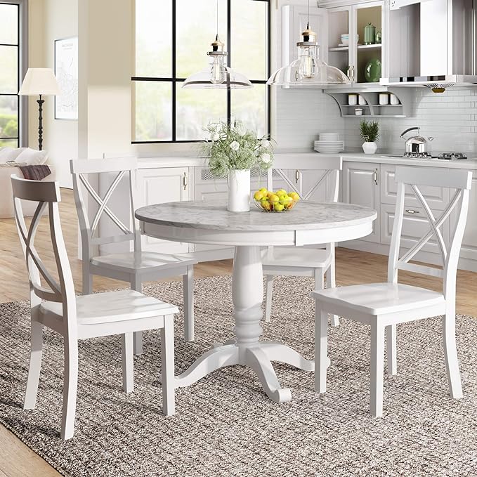 NicBex Dining Table Set Kitchen & Dining Room Tables 5 Pieces Dining Table and Chairs Set for 4 Persons, Kitchen Room Solid Wood Table with 4 Chairs for Small Space, White - LeafyLoom